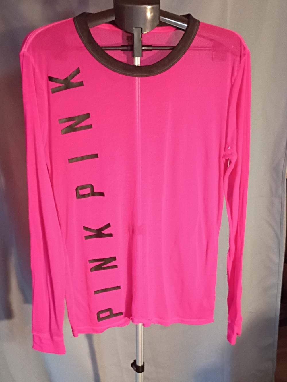 PINK Victoria's Secret Neon Pink Long-Sleeve Logo Tee with Black Trim